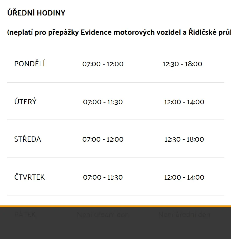 Úřední hodiny registru vozidel Bílina — náhled z oficiálního webu