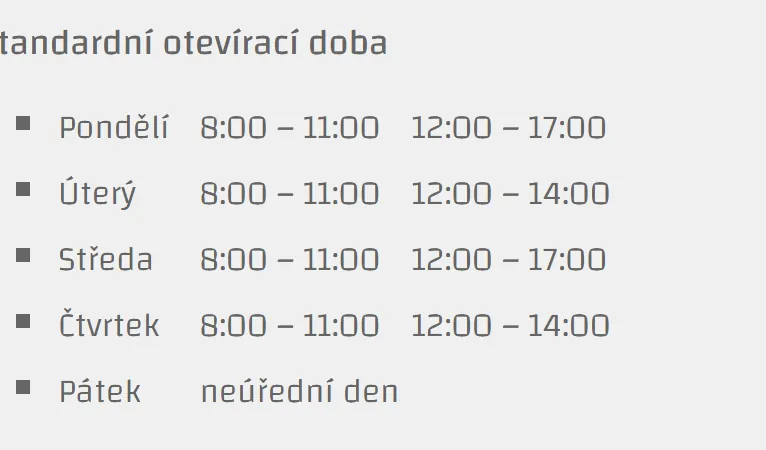 Úřední hodiny registru vozidel Bílovec — náhled z oficiálního webu