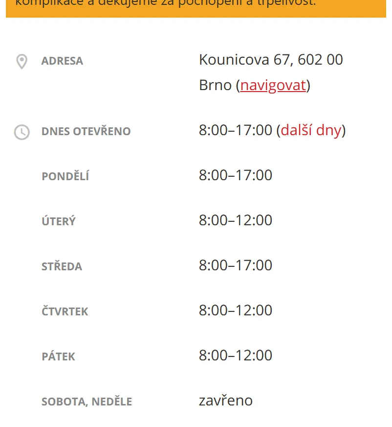 Úřední hodiny registru vozidel Brno — náhled z oficiálního webu