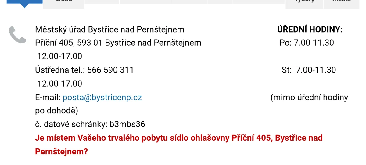 Úřední hodiny registru vozidel Bystřice nad Pernštejnem — náhled z oficiálního webu