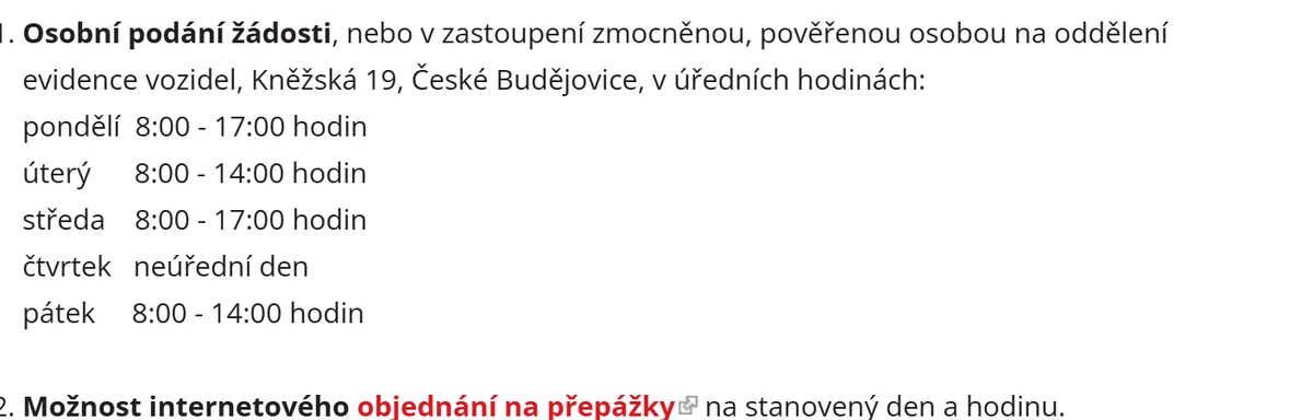 Úřední hodiny registru vozidel České Budějovice — náhled z oficiálního webu