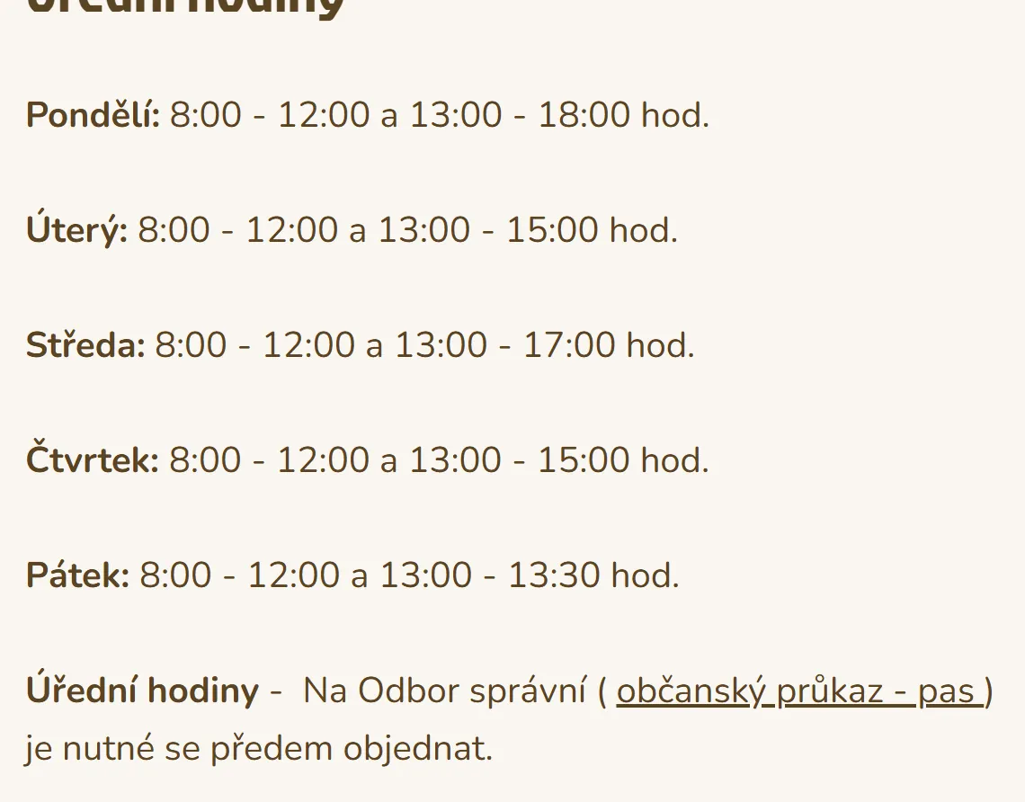 Úřední hodiny registru vozidel Hořice — náhled z oficiálního webu