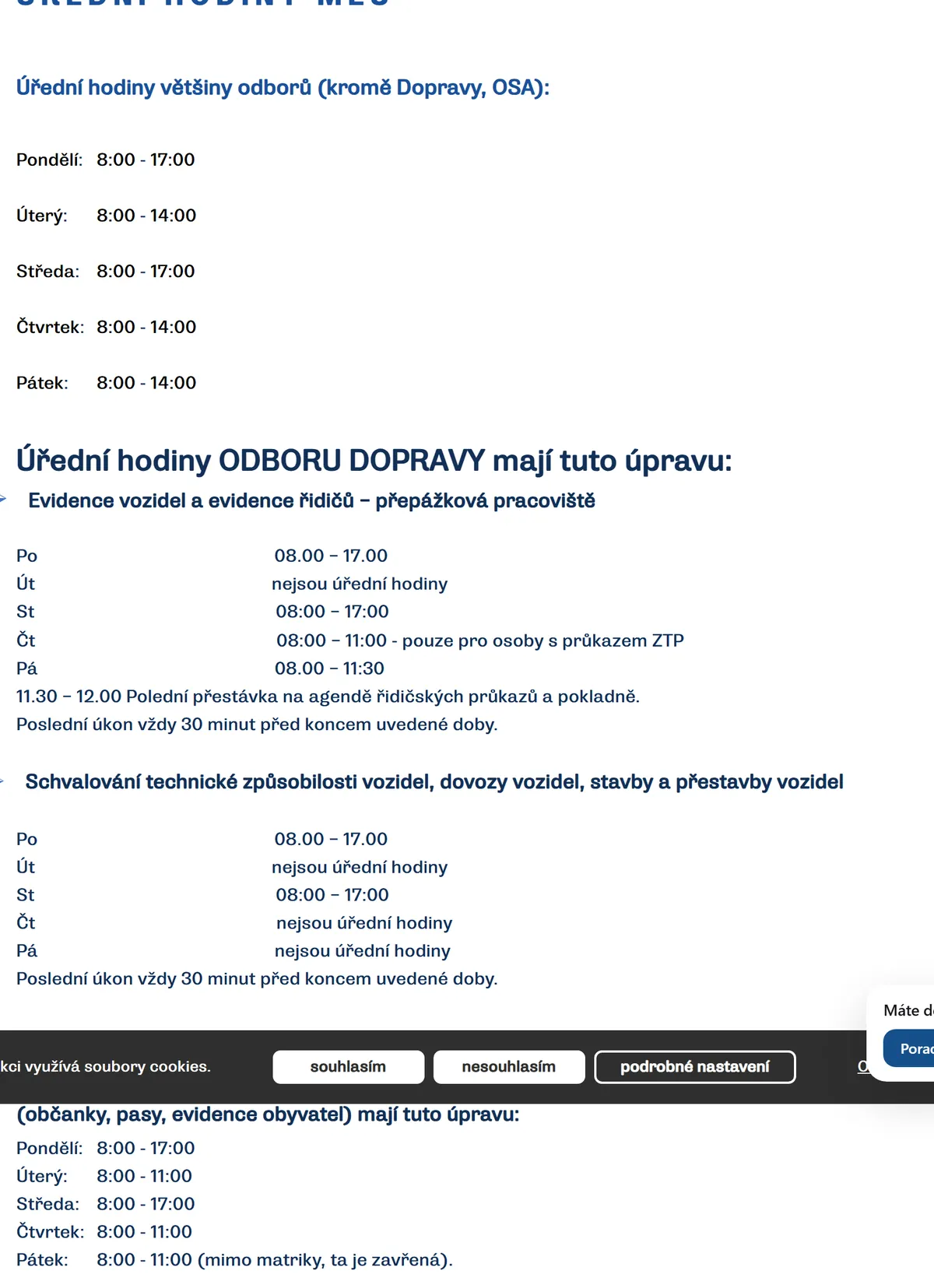 Úřední hodiny registru vozidel Jičín — náhled z oficiálního webu
