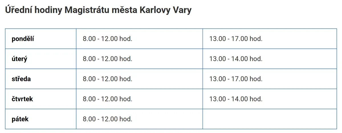 Úřední hodiny registru vozidel Karlovy Vary — náhled z oficiálního webu