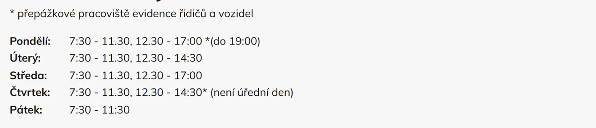 Úřední hodiny registru vozidel Kutná Hora — náhled z oficiálního webu