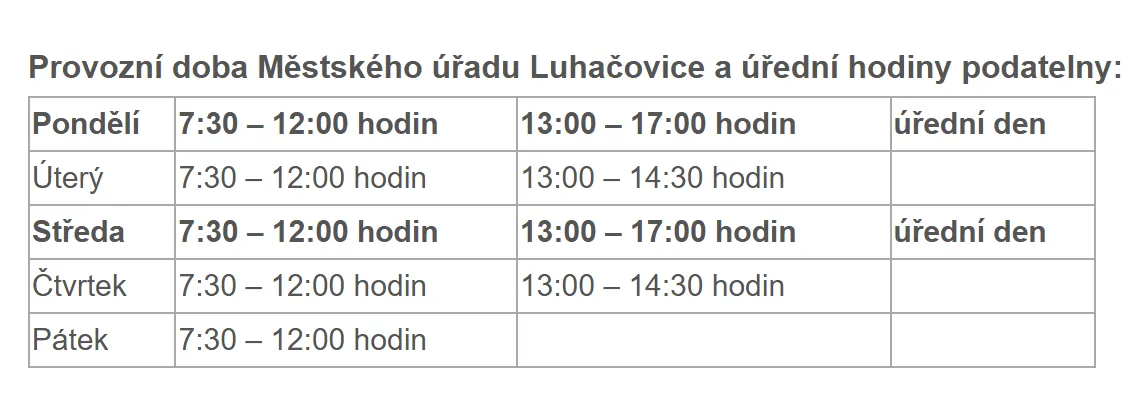 Úřední hodiny registru vozidel Luhačovice — náhled z oficiálního webu