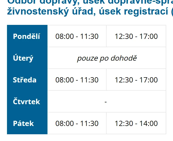 Úřední hodiny registru vozidel Moravská Třebová — náhled z oficiálního webu