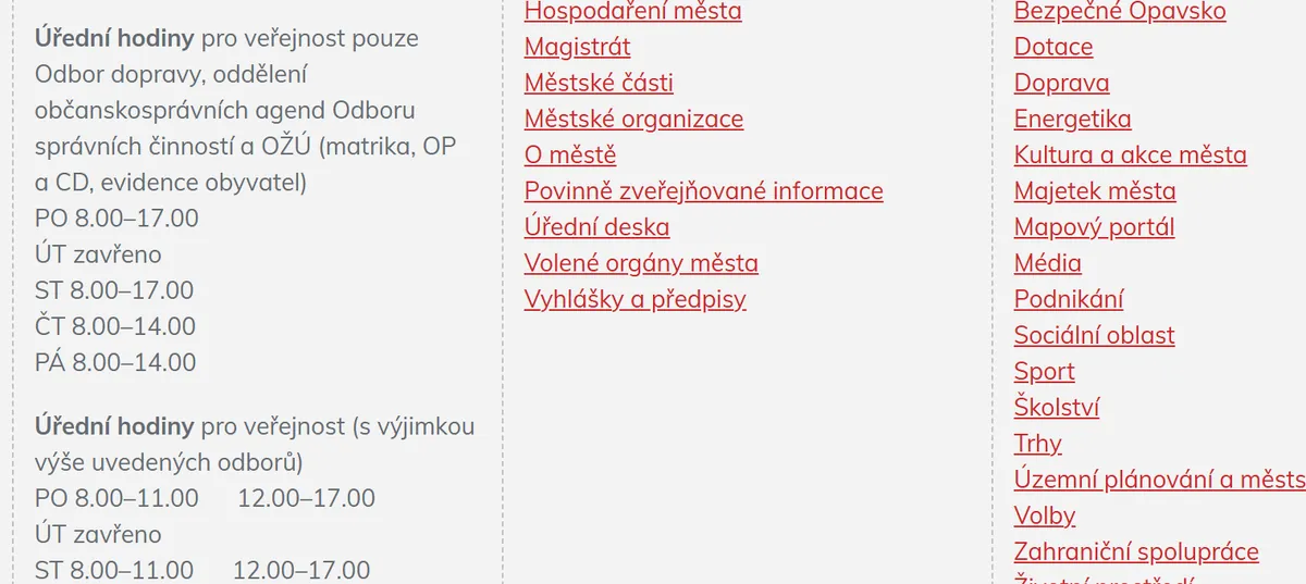 Úřední hodiny registru vozidel Opava — náhled z oficiálního webu
