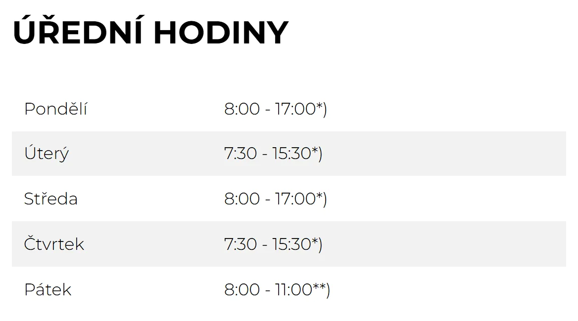 Úřední hodiny registru vozidel Ostrava — náhled z oficiálního webu