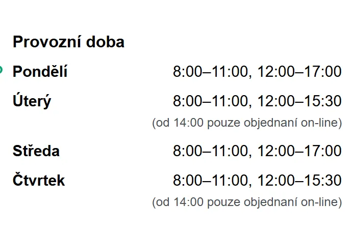 Úřední hodiny registru vozidel Pardubice — náhled z oficiálního webu