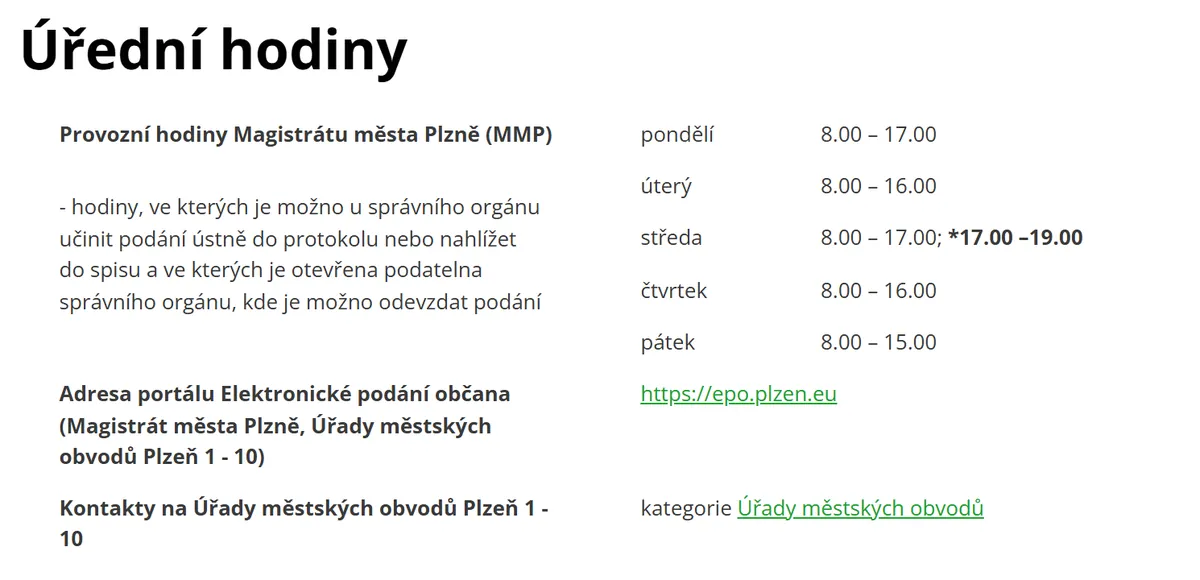 Úřední hodiny registru vozidel Plzeň — náhled z oficiálního webu