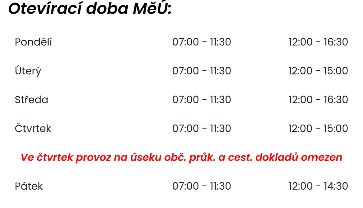 Úřední hodiny registru vozidel Podbořany — náhled z oficiálního webu