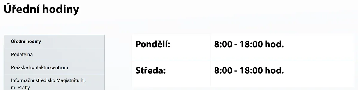 Úřední hodiny registru vozidel Praha — náhled z oficiálního webu