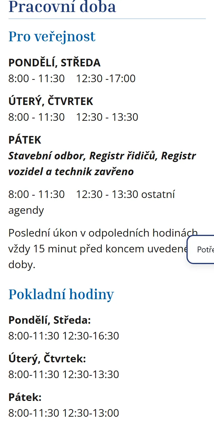 Úřední hodiny registru vozidel Přelouč — náhled z oficiálního webu
