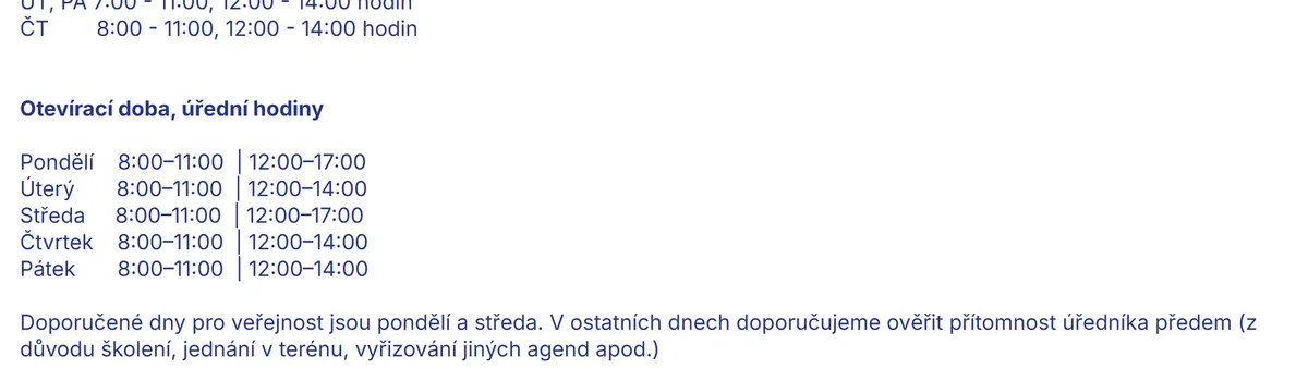 Úřední hodiny registru vozidel Rožnov pod Radhoštěm — náhled z oficiálního webu