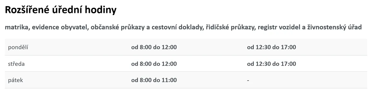 Rozšířené úřední hodiny registru vozidel Rumburk — náhled z oficiálního webu města