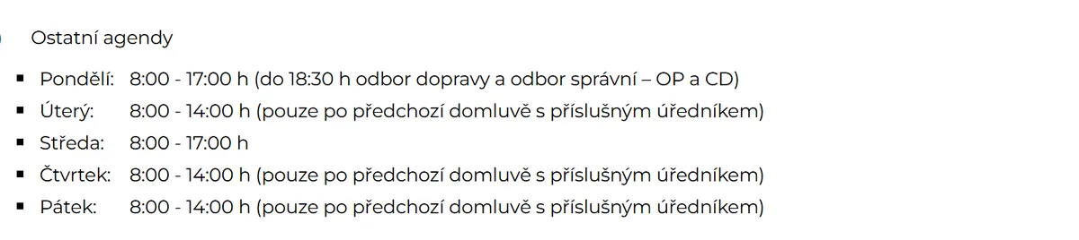 Úřední hodiny registru vozidel Semily — náhled z oficiálního webu