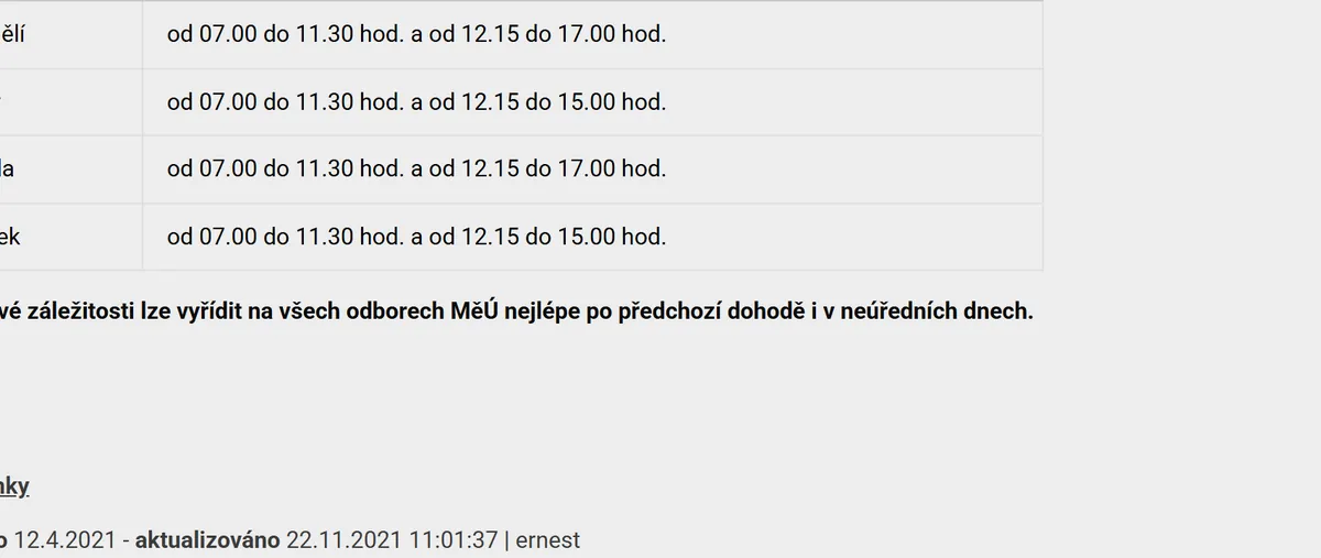 Úřední hodiny registru vozidel Tanvald — náhled z oficiálního webu