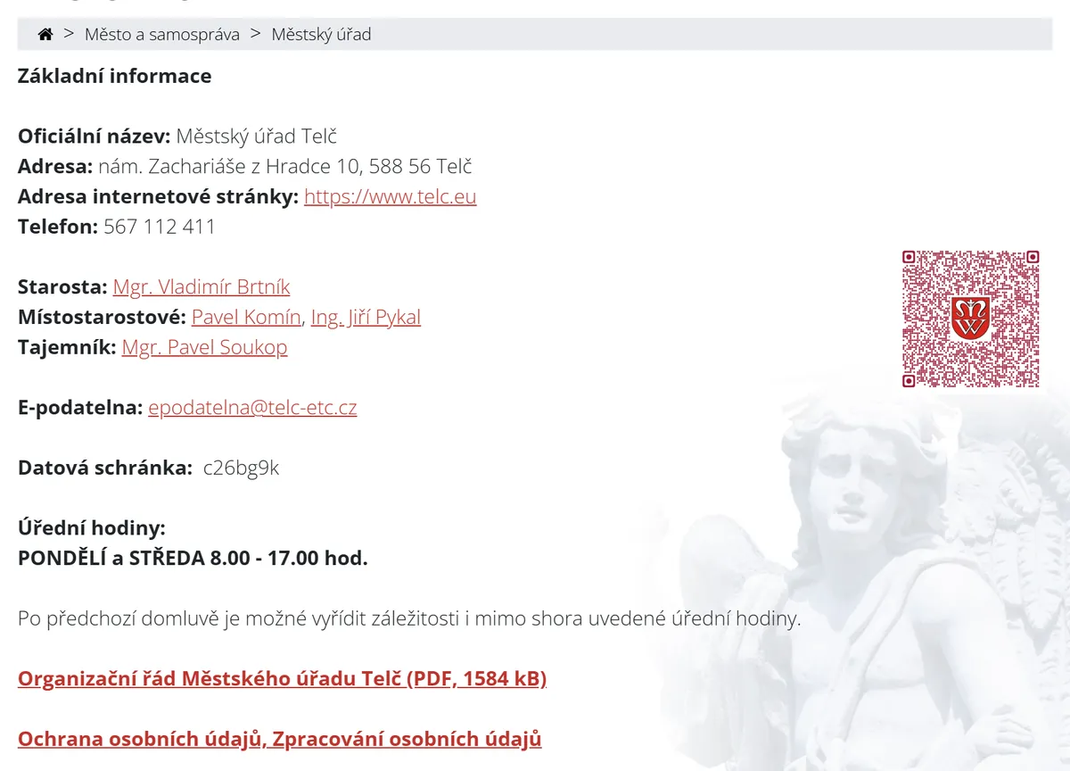 Úřední hodiny registru vozidel Telč — náhled z oficiálního webu