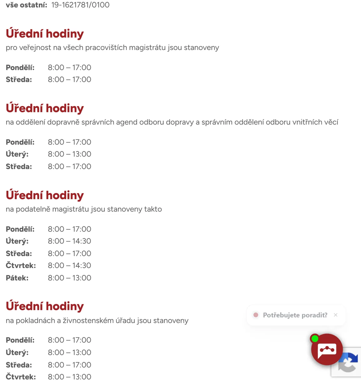 Úřední hodiny registru vozidel Třinec — náhled z oficiálního webu