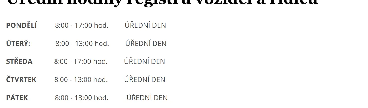 Úřední hodiny registru vozidel Velké Meziříčí — náhled z oficiálního webu