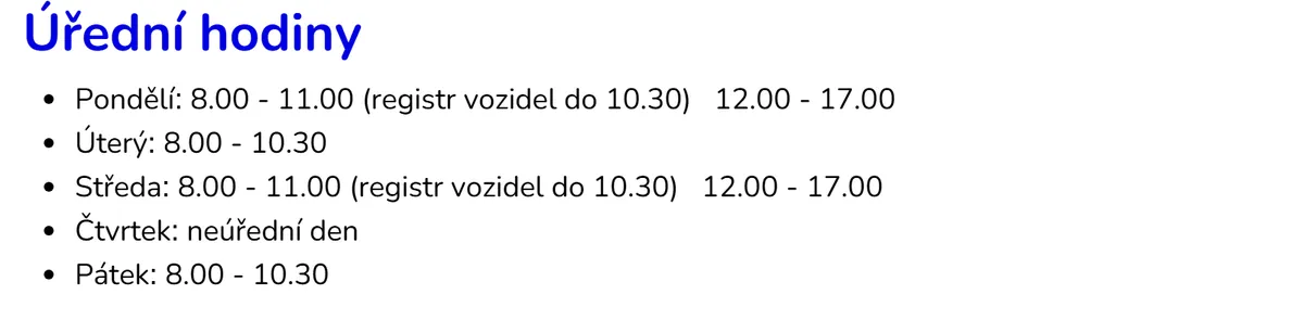Úřední hodiny registru vozidel Vodňany — náhled z oficiálního webu