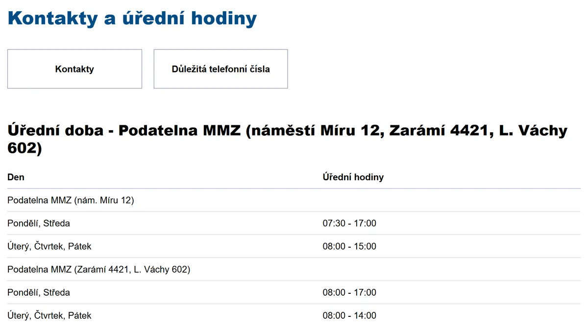Úřední hodiny registru vozidel Zlín — náhled z oficiálního webu